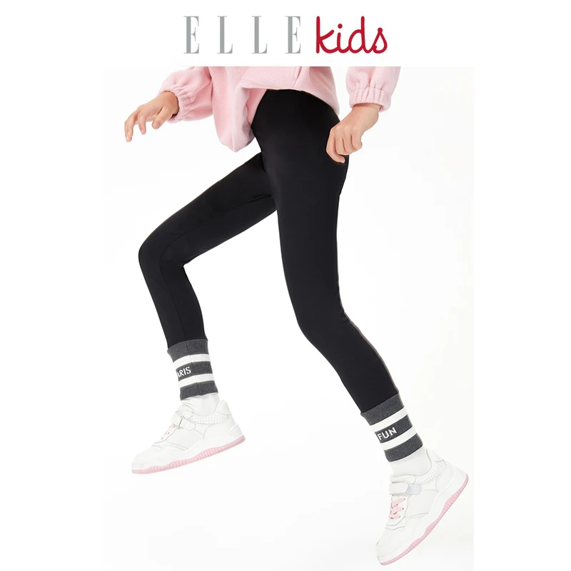【ELLEkids】童装 拼色螺纹条纹加绒打底裤女童秋季新款运动休闲裤