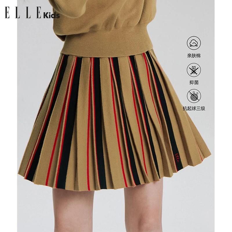 ELLE KIDS女童装春秋季复古美拉德百褶绣花学院风针织半裙Q1