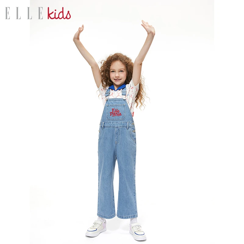 【ELLEkids】童装 全棉牛仔女童儿春秋款经典水洗色绣花百搭背带裤