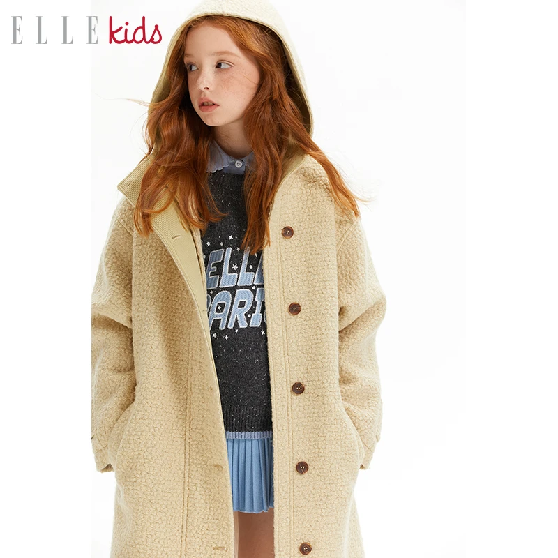 ELLEkids童装 法式羊毛混纺毛呢大衣宽松保暖女童冬季长款外套