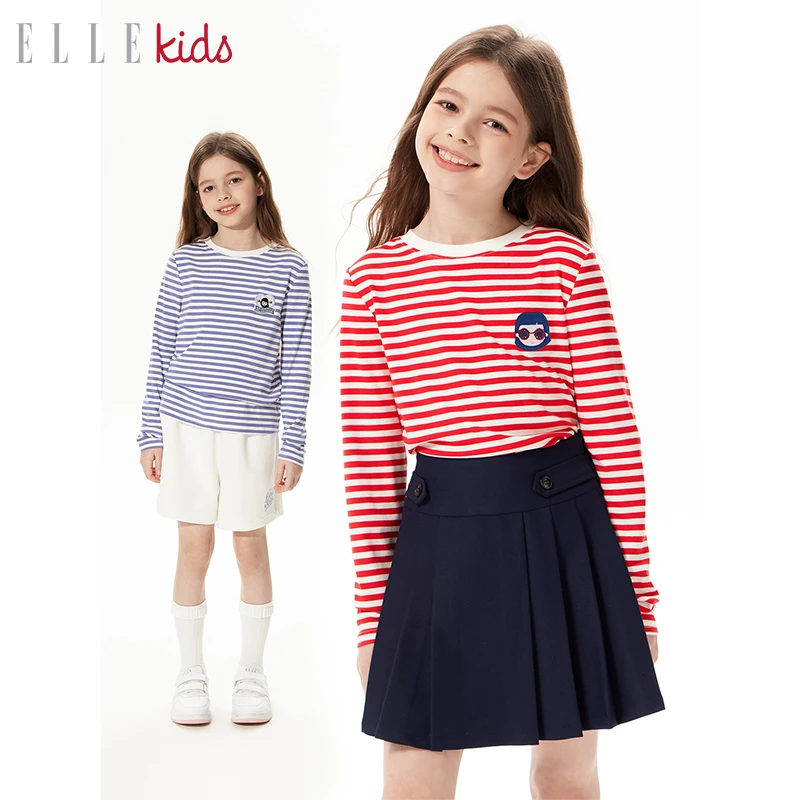 ELLE KIDS条纹活力绣花标T恤春款罗斯棉圆领百搭打底衫长袖