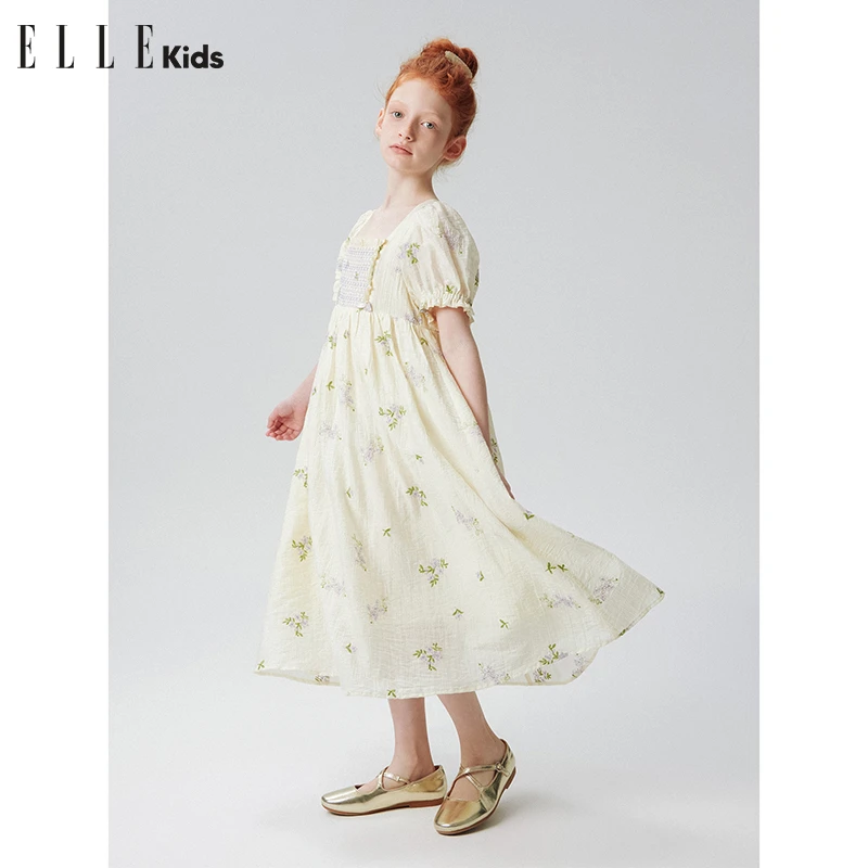 ELLE KIDS童装气质打榄花朵碎花舒适甜美绣花长款泡泡袖连衣裙A4