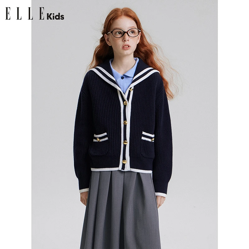 ELLE KIDS童装秋款复古百搭宽松海军风学院风翻领毛衣开衫外套Q4