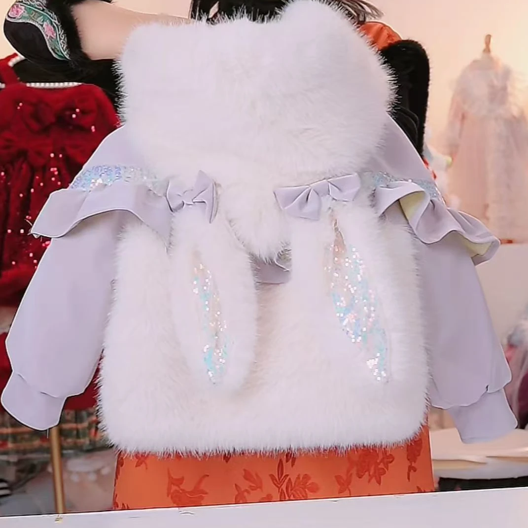 蝴蝶结【亮片耳朵冬季草草】冬季女童加厚外套冬款童装