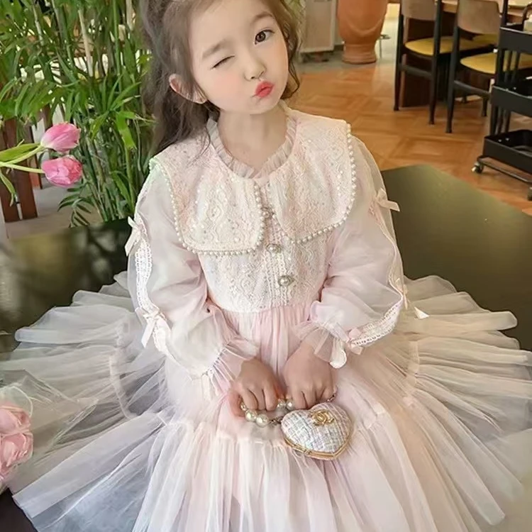 新款春秋款呢【粉色甜心连衣裙】2024新款女童连衣裙