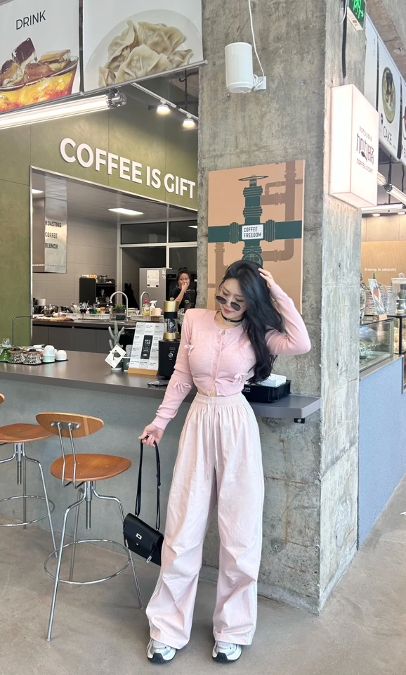 【TX】拼蝴蝶结针织毛衣开衫/松紧腰宽松直筒裤