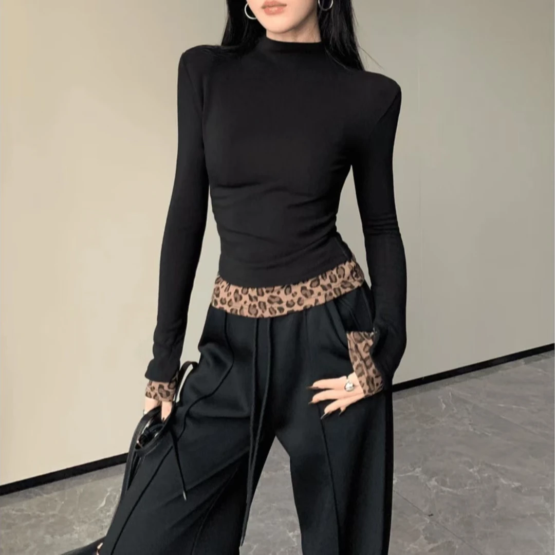 2024秋冬加绒拼接假两件打底衫显瘦修身半高领设计感上衣