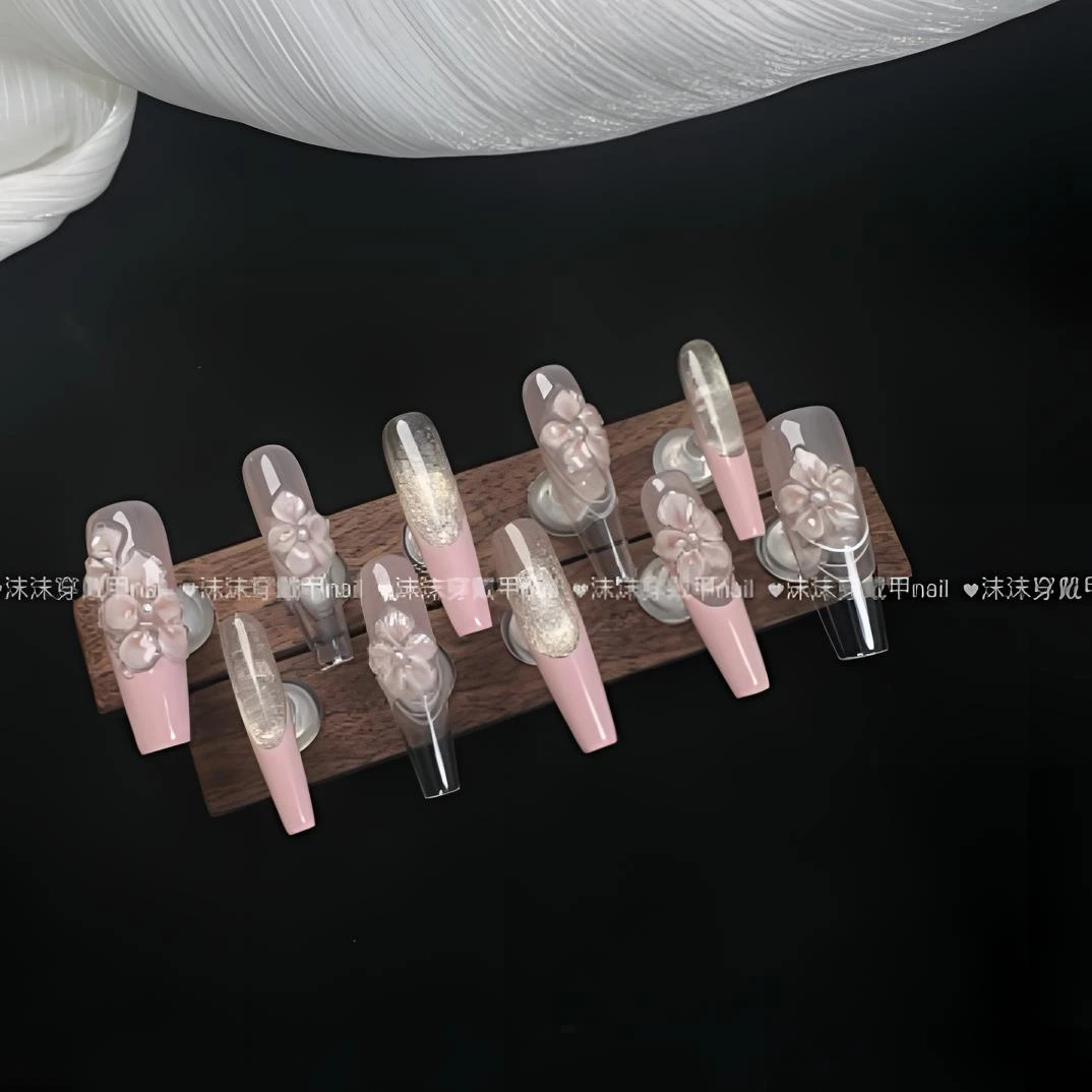 春日冰花双层立体冰花法式加长梯显白温柔高级感纯手工穿戴甲