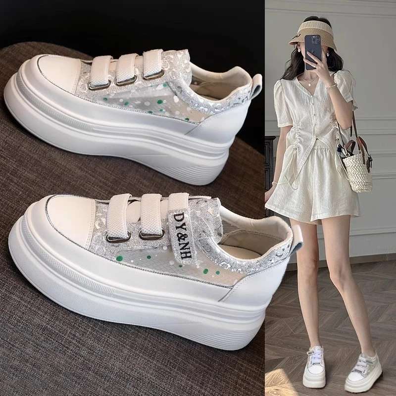 香港魔术贴透气小白鞋女2025夏季款百搭网面夏季女式两穿真皮板鞋