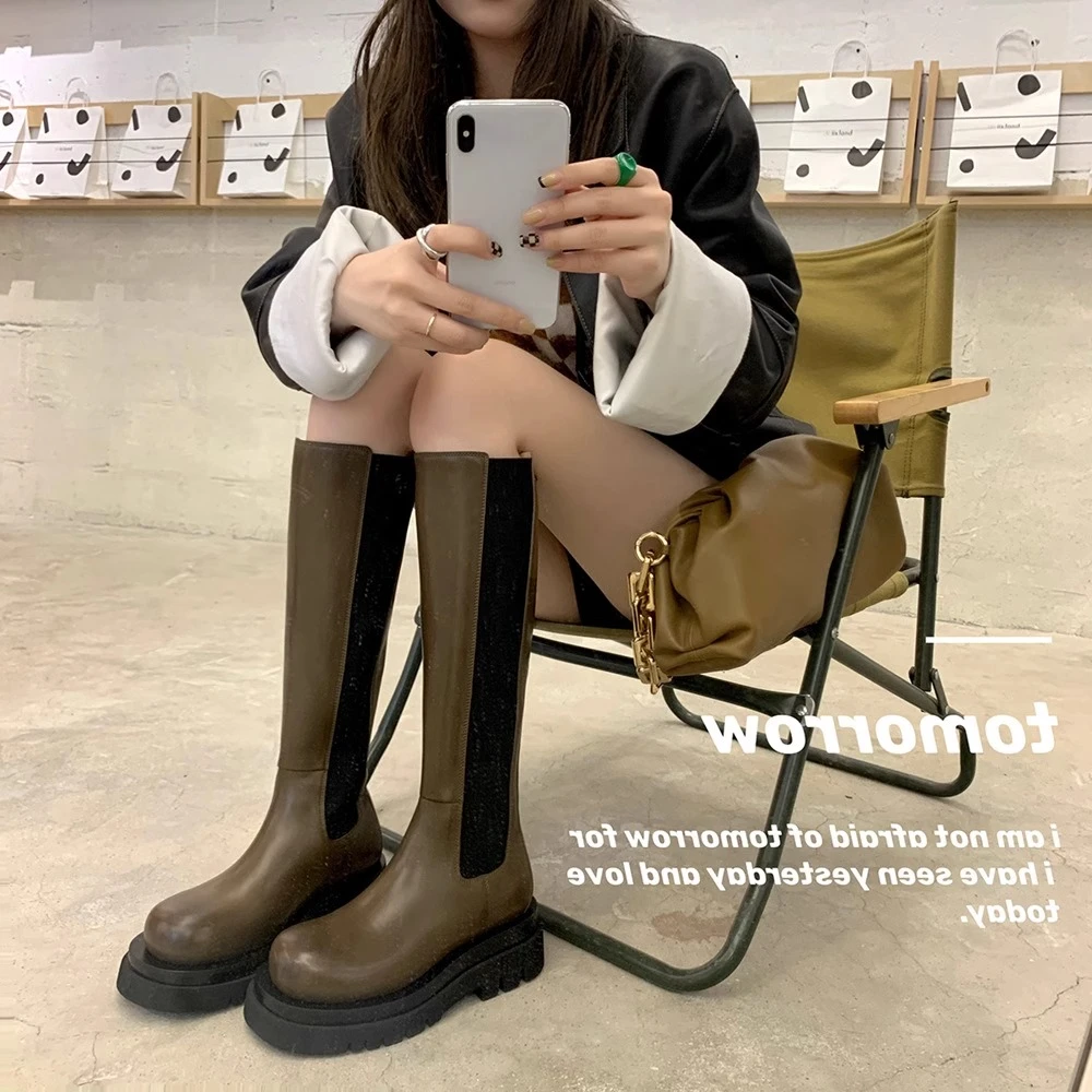 时尚切尔西长筒靴女2025年加绒秋冬厚底高筒靴烟筒靴美拉德骑士靴