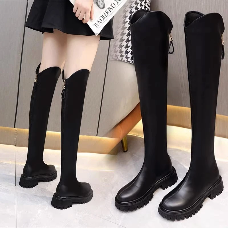 过膝长筒靴女2024年新款秋冬加绒厚底真皮显瘦弹力瘦瘦靴高筒靴子