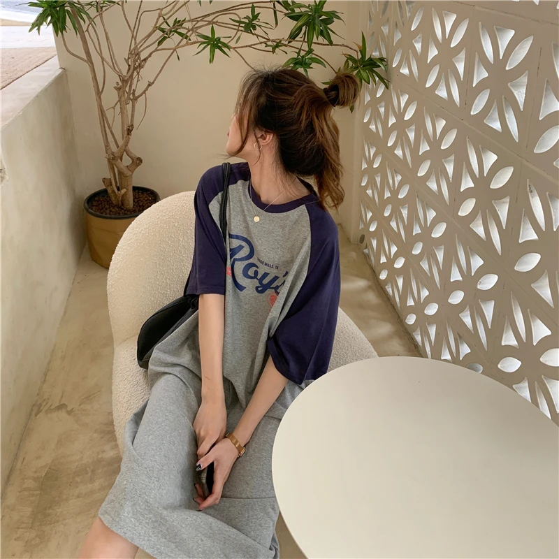 撞色插肩袖宽松质感过膝连衣裙2025夏季新款长款短袖T恤休闲裙子