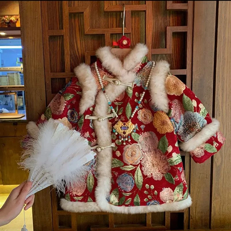汉服女童冬装中国新款拜年套装旗袍裙唐装儿童宝宝加厚过年新年
