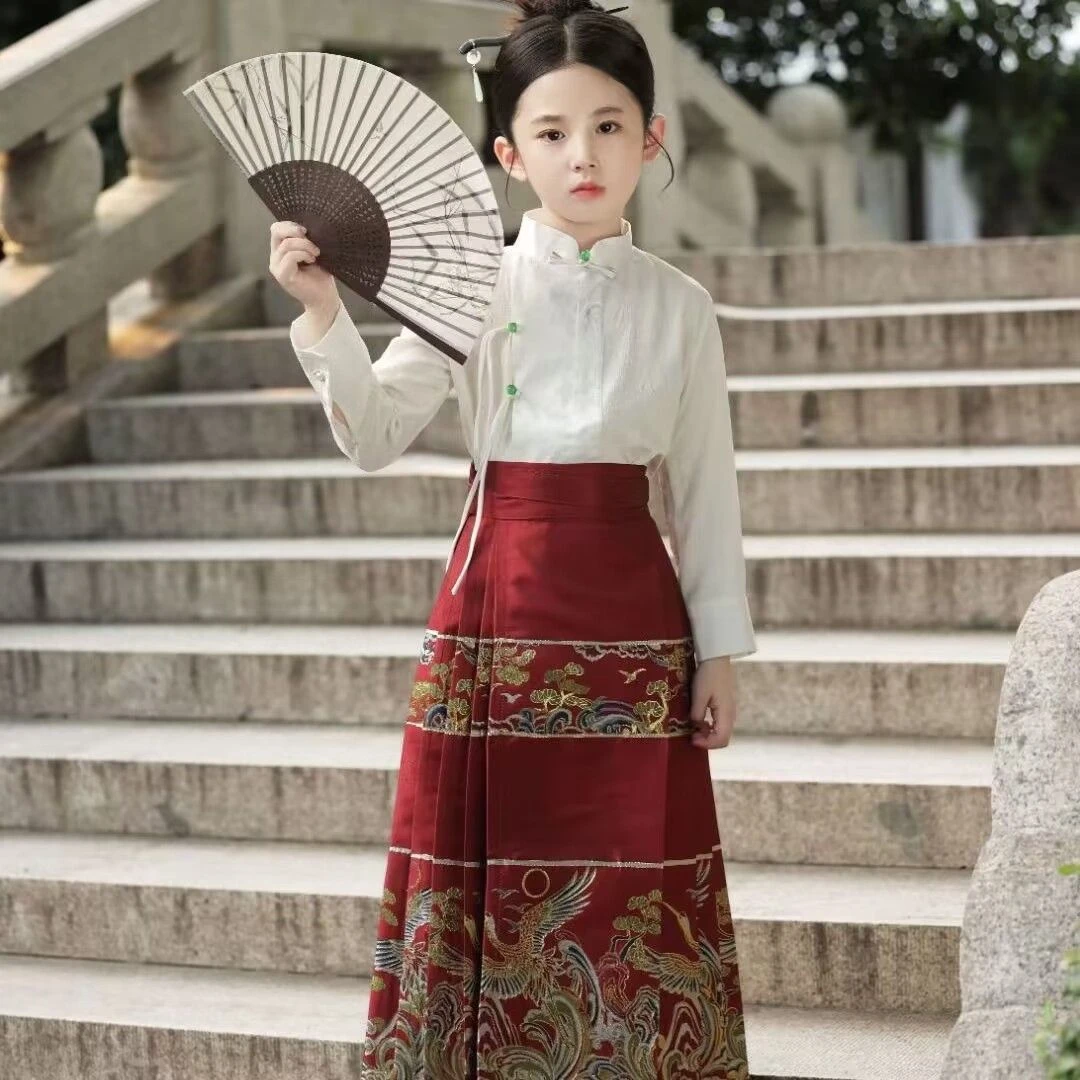 红色马面裙女童加绒新款国风新中式长袖中秋节汉服儿童唐装半身裙