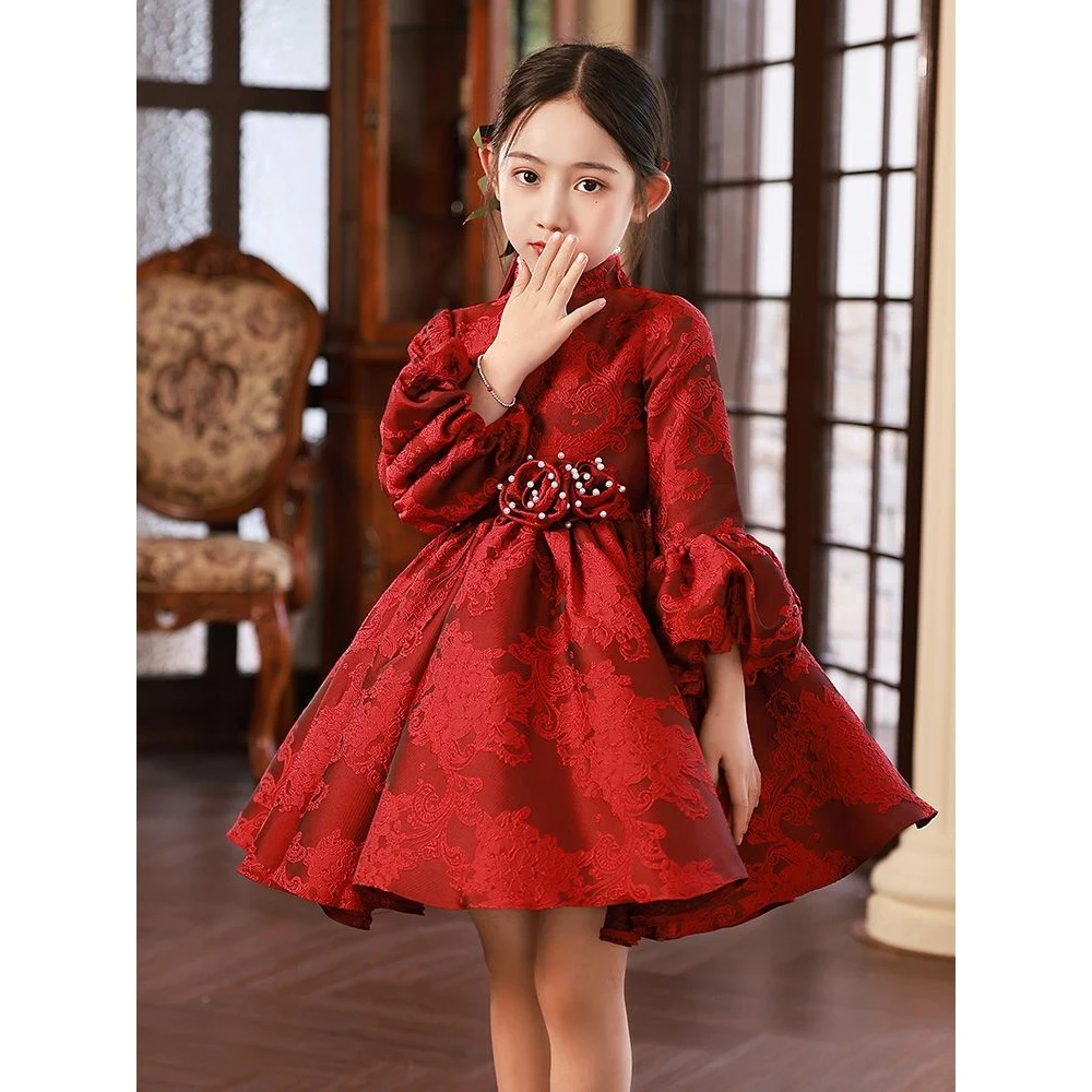 中式女童礼服公主裙高端女孩生日主持人儿童钢琴服春季红色