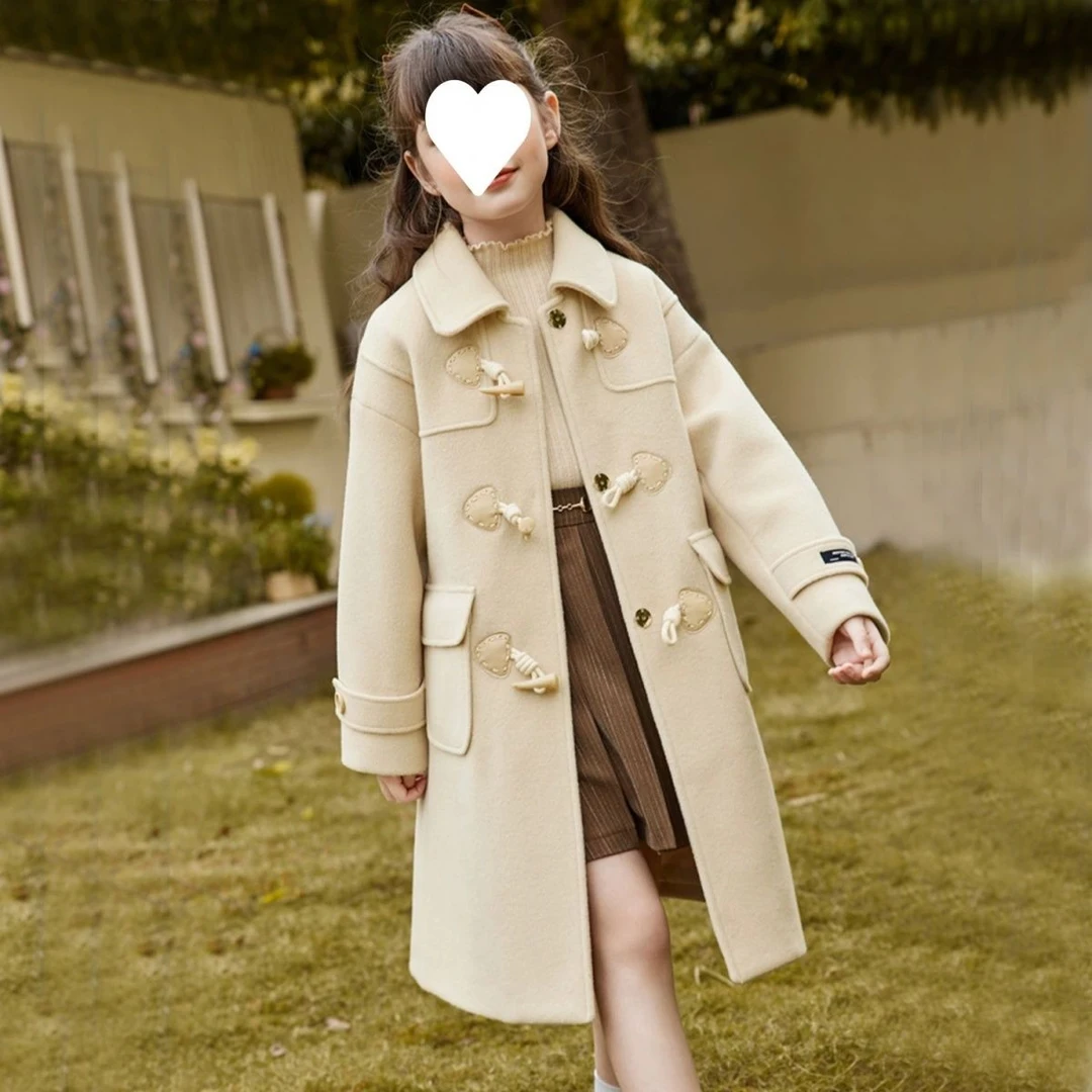女童呢大衣外套2023秋冬款中大童洋气牛角扣大衣外套中长款