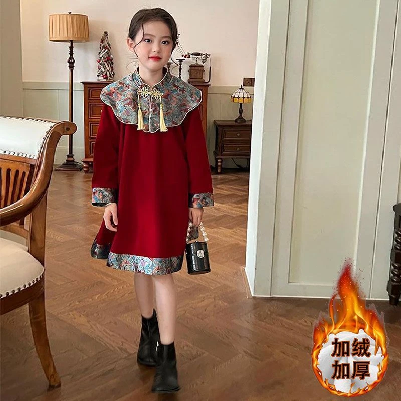 女童红色连衣裙秋冬2024新款儿童国风加绒拜年服大童过年服公主裙