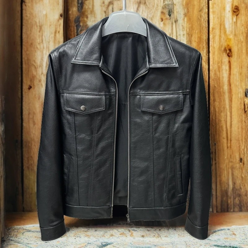 秋冬加棉加厚头层牛皮轻奢短款休闲黑色真皮翻领秋冬加棉经典