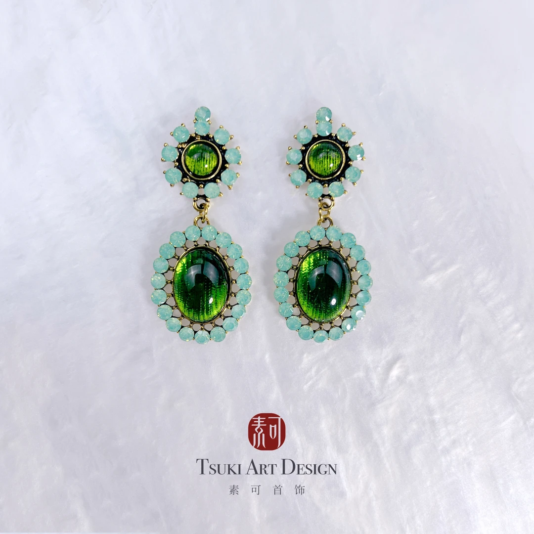 铜合金耳饰 法式优雅【芦苇】复古绿色系耳环E133