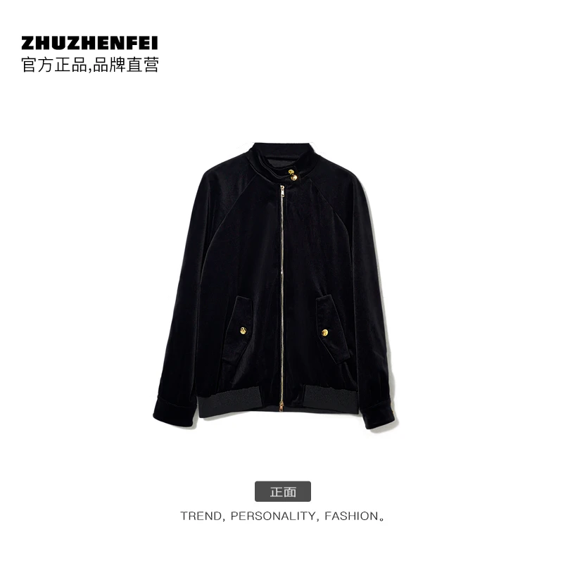 轻奢高级感街头潮流设计师品牌黑色丝绒宽松立领外套 Z333264