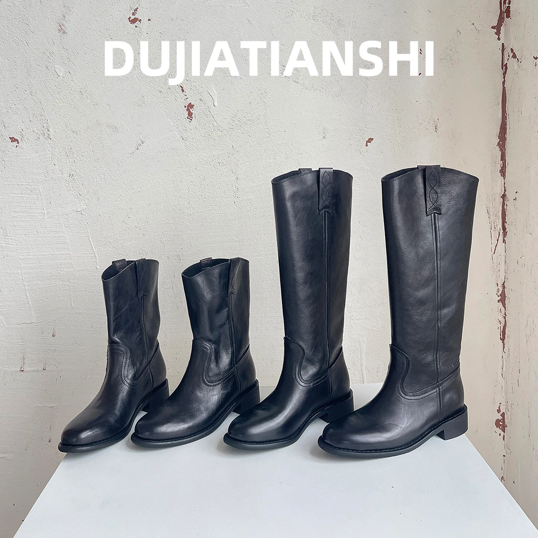 MS-801/法式小众水洗牛皮英伦风圆头低跟短靴长靴秋冬新款高筒靴