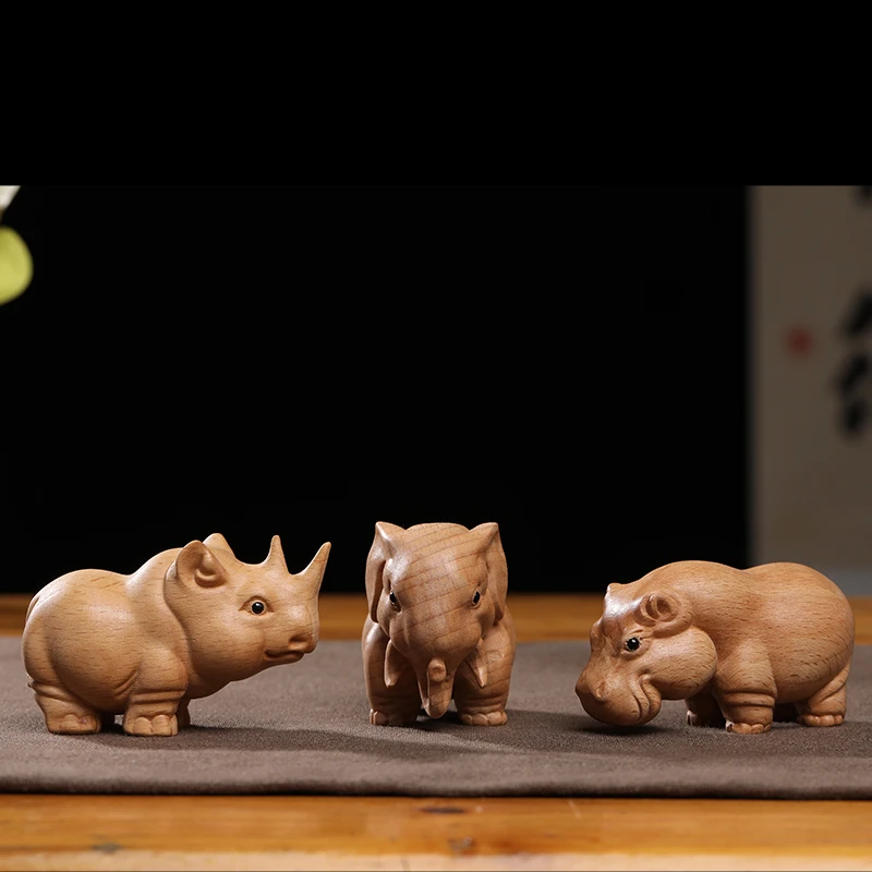 榉木雕刻非洲三宝动物大象犀牛河马文玩手把件家居汽车办公室摆件