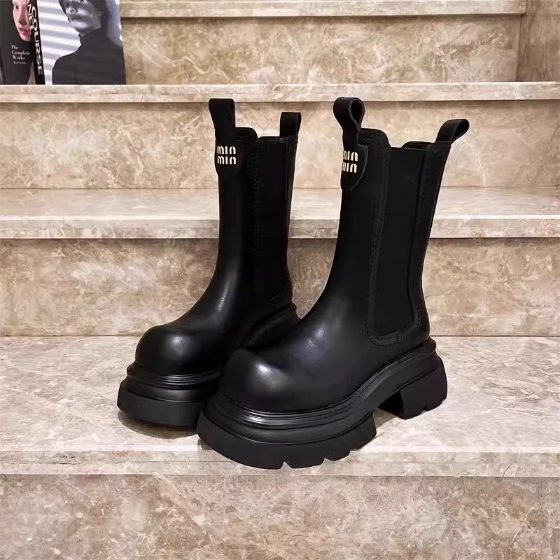 欧货中筒靴烟筒靴女马丁靴2024秋冬新款百搭棉靴厚底增高切尔西靴