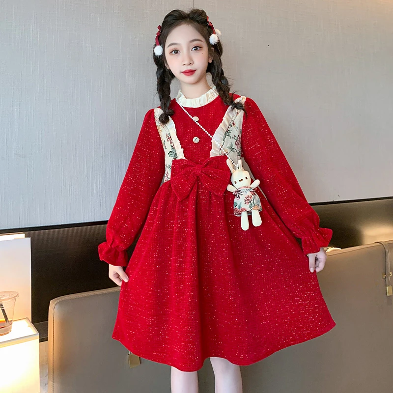 女童连衣裙加绒加厚冬装2024新款拜年服儿童裙子大童公主裙年服冬