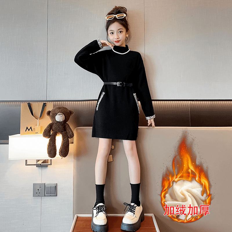 女童秋冬款加绒长版毛衣裙儿童洋装2023新款秋季洋派女孩毛线衣