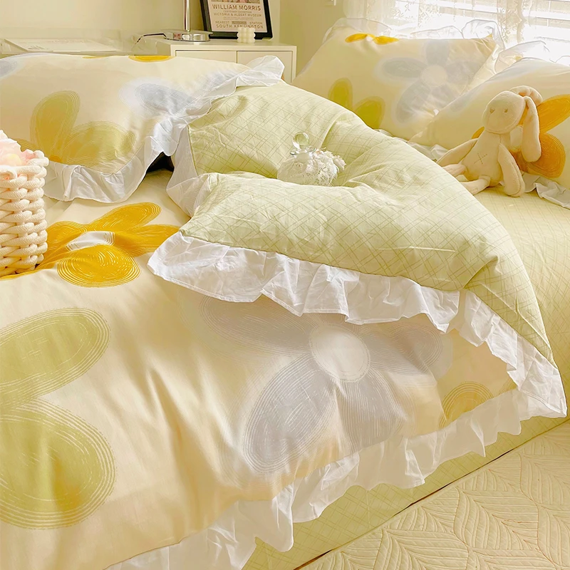 韩版公主风纯棉床上四件套全棉ins花边被套少女心床品床单三件套4