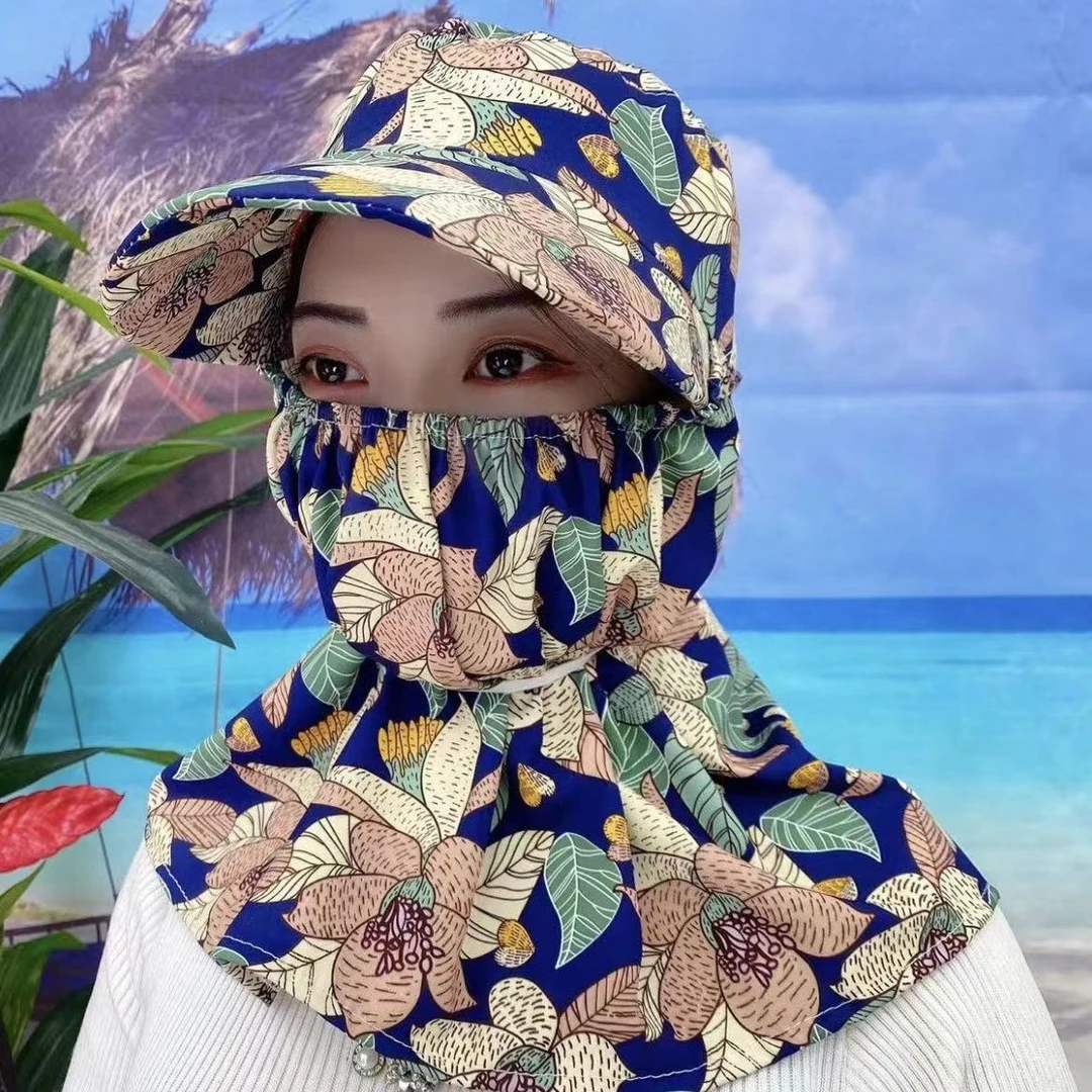 新款护颈采茶女款春夏秋碎花防晒面罩夏季农用下地干活防晒遮阳帽