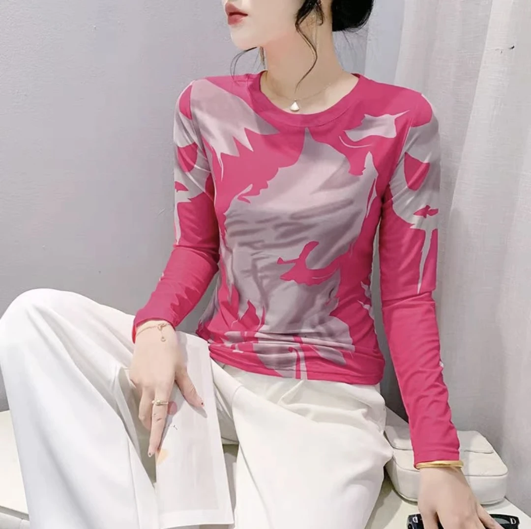 圆领修身显瘦网纱女修身显瘦T恤2025秋季新款时尚百搭上衣1201