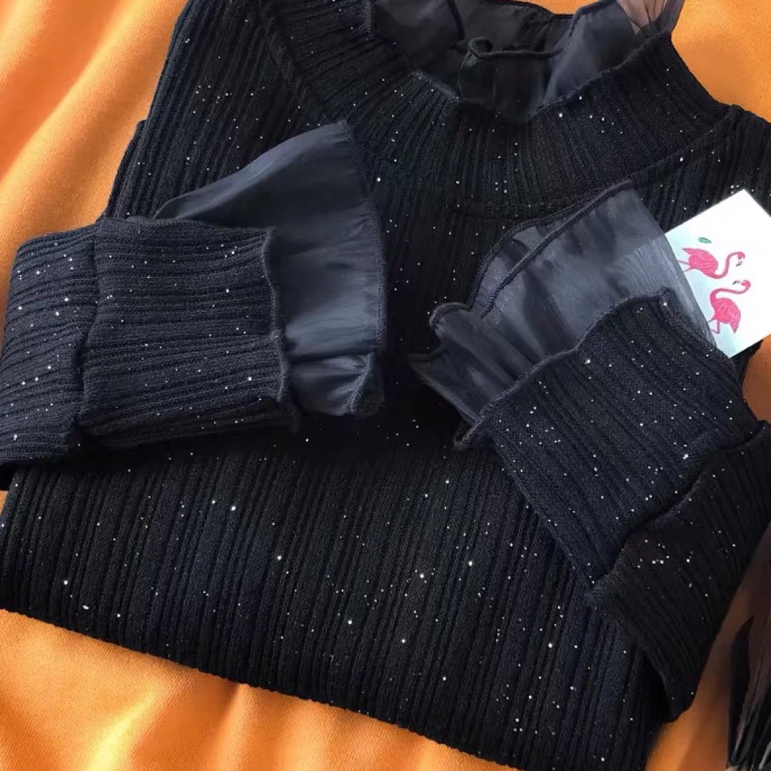 2025打底衫女秋冬洋气内搭亮晶晶亮丝网纱蕾丝高领针织衫1923