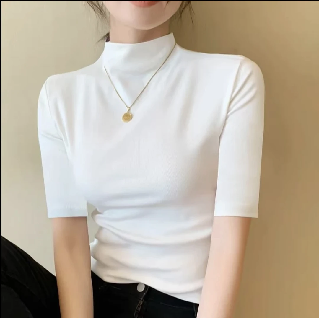 【白色】柔软亲肤气质安可拉红半领中袖衫1204