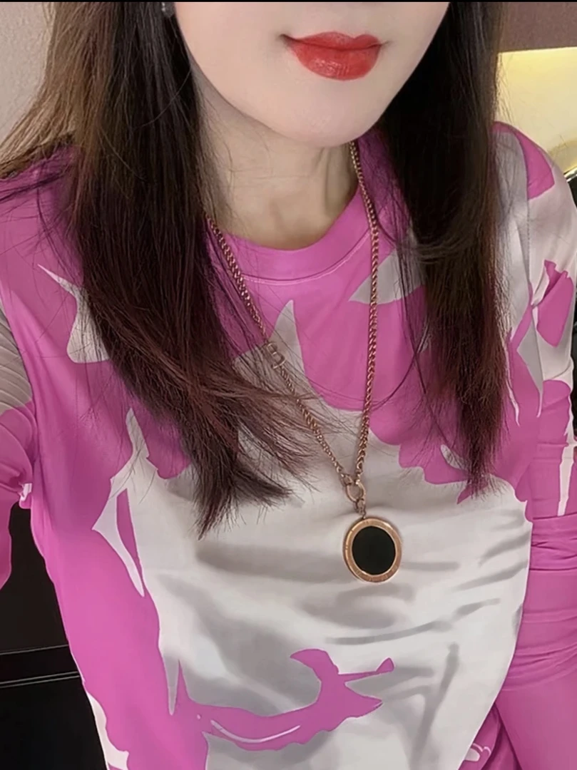 【长袖】双层网纱 水墨画2025秋季新款洋气爆款女装印花上衣1201