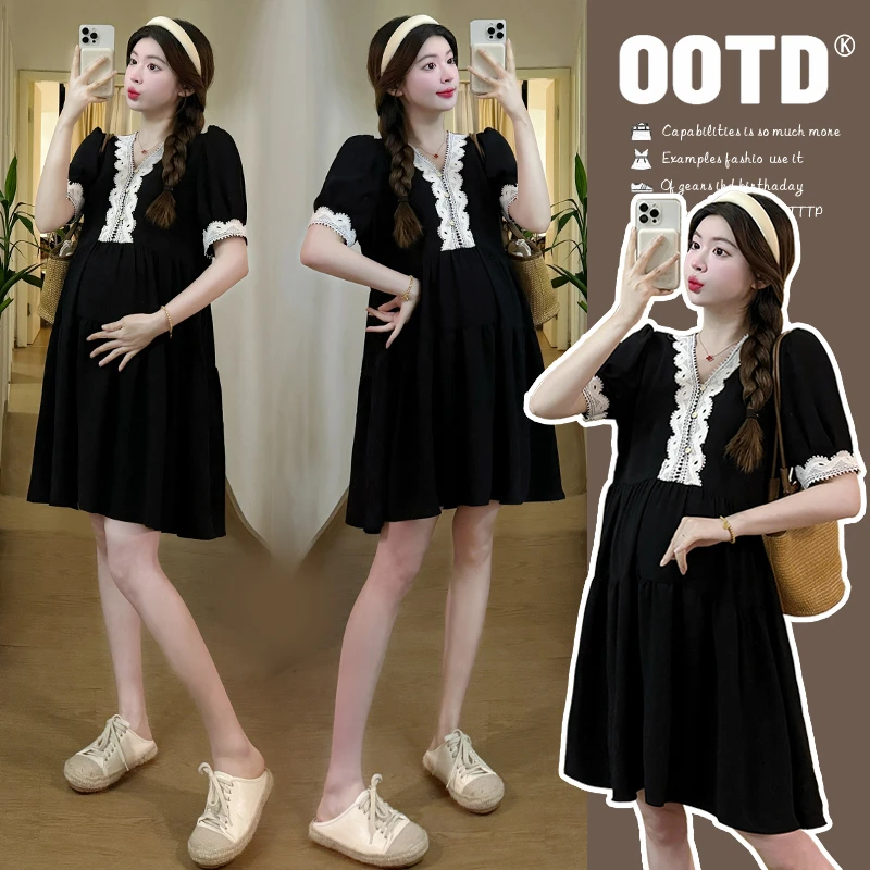 孕妇连衣裙夏季新款时尚高级感蕾丝花边拼接气质洋气小个子孕妇装