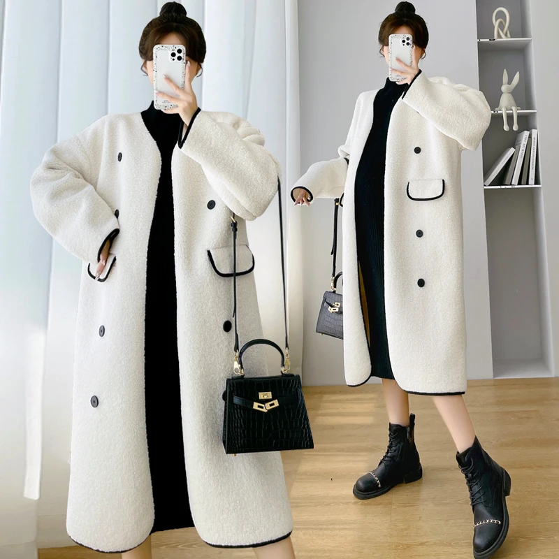 2023冬装新款韩版时尚宽松显瘦孕妇长款羊羔毛外套淑女气质孕妇装
