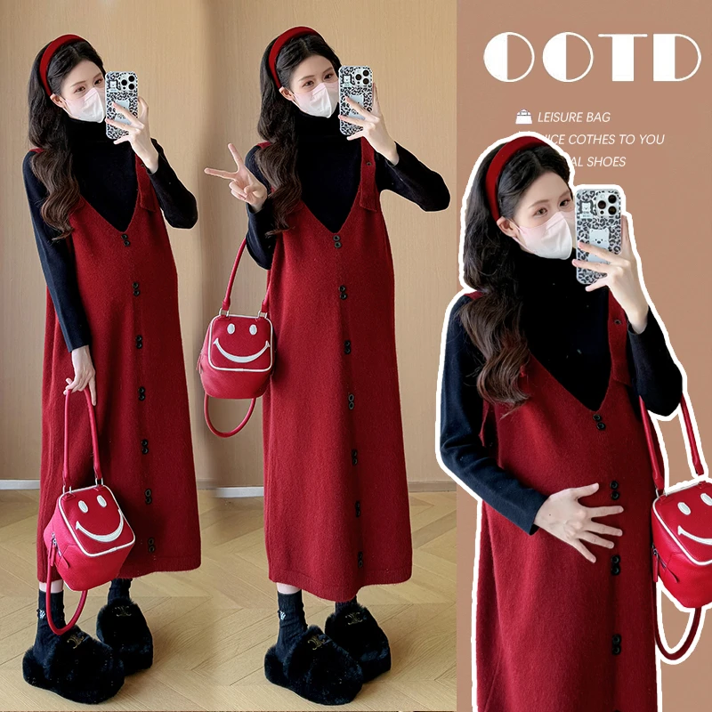 孕妇装秋冬套装洋气连衣裙孕期高级感穿搭两件套针织毛衣+背带裙