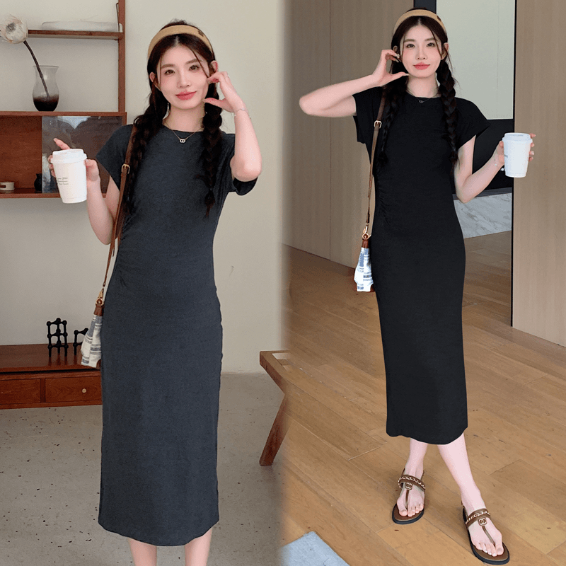 avaden 孕妇装夏装设计感褶皱弹力修身显瘦过膝T恤裙夏季减龄孕妇连衣裙
