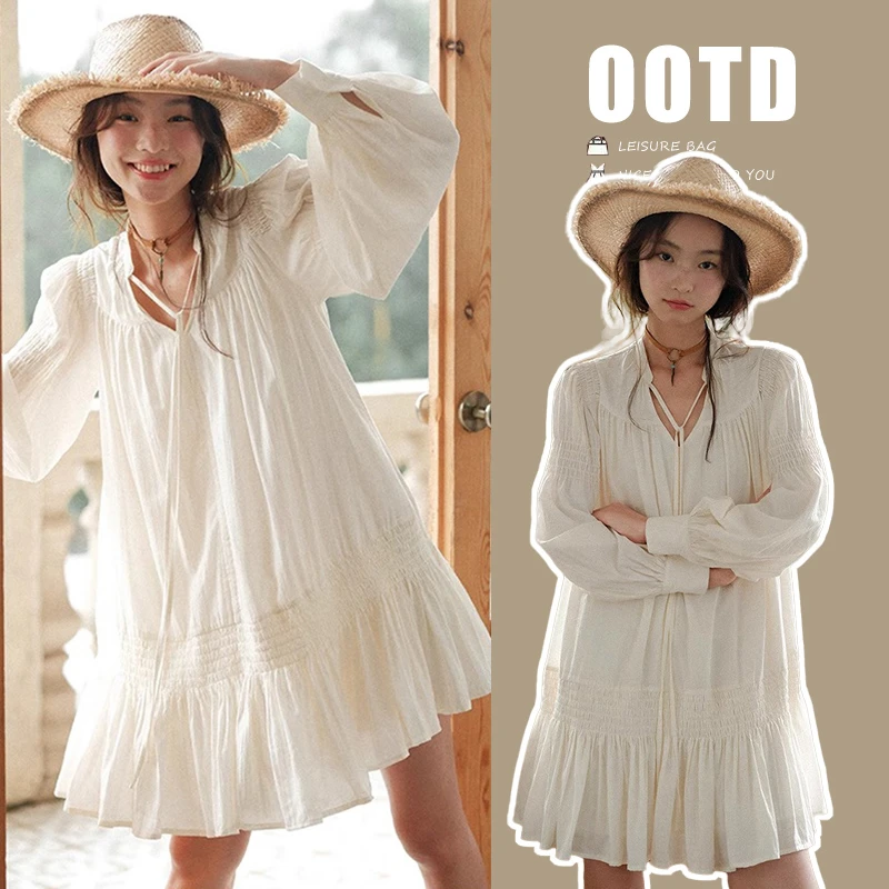 2024春秋新款压褶大摆型系带宽松V领孕妇大码裙洋气宽松连衣裙女
