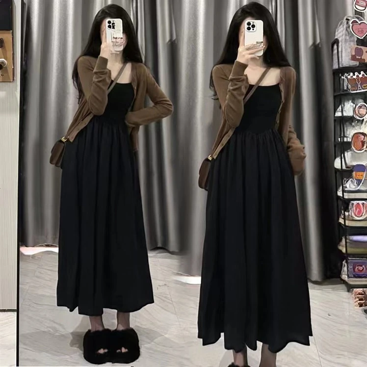孕妇装夏装时尚中长款黑色吊带长裙子高级感潮妈孕晚期