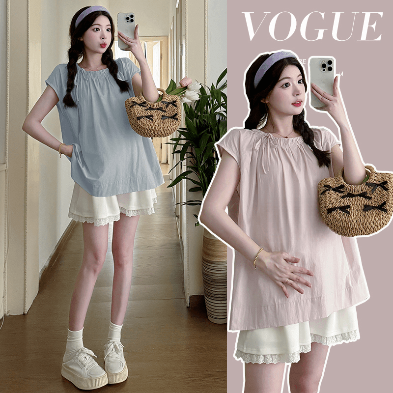 avaden 孕妇夏装套装2024新款时尚法式甜美短袖衬衫上衣托腹短裤裙两件套