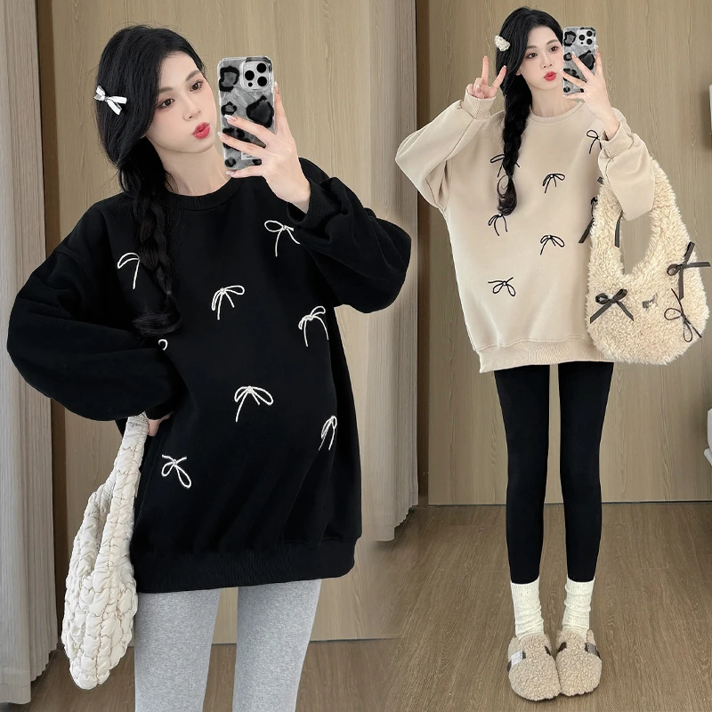 孕妇装秋装时尚蝴蝶结长袖上衣2024新款孕妇卫衣秋冬装怀孕打底衫