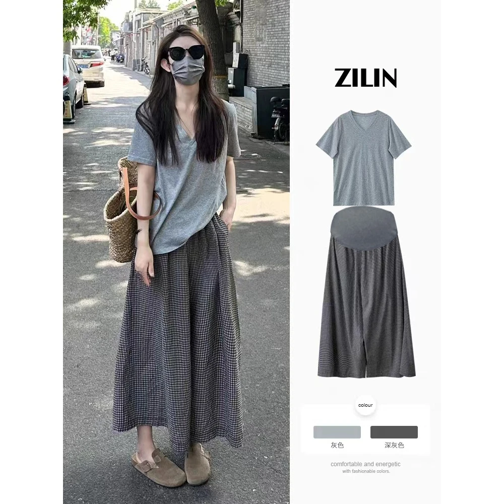 孕妇装时尚套装夏季外出宽松V领短袖上衣高腰托腹显瘦半身裤裙女