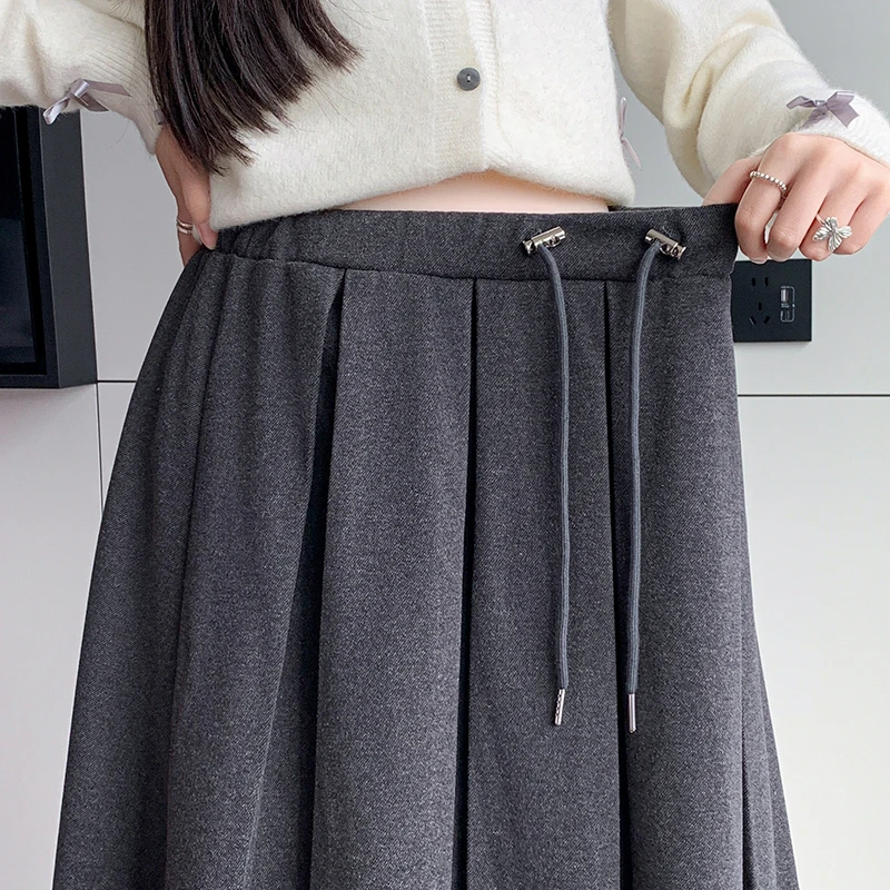 孕妇半身裙秋冬季百褶显瘦抽绳裙新款无托腹产后可穿毛呢a字裙