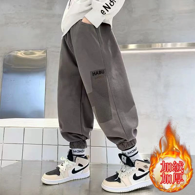 男童加绒裤子2023新款儿童秋冬装运动卫裤男孩韩版一体绒休闲裤潮