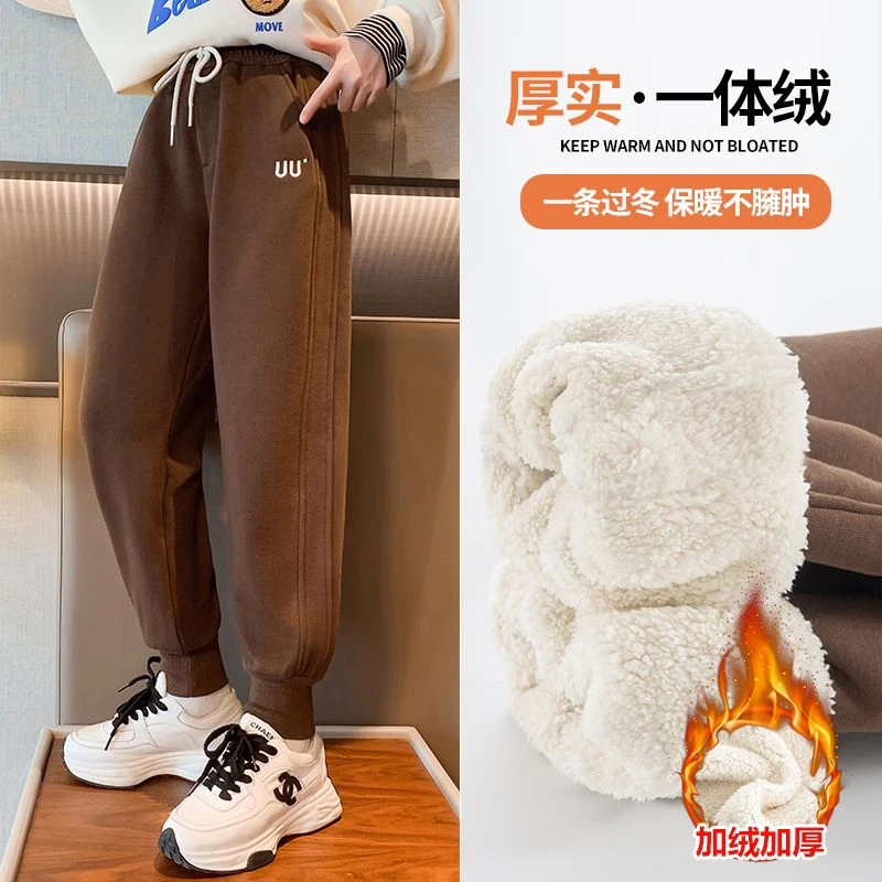 巴拉拉吧女童羊羔绒裤子儿童冬季新款洋气一体绒卫裤中大童加绒加
