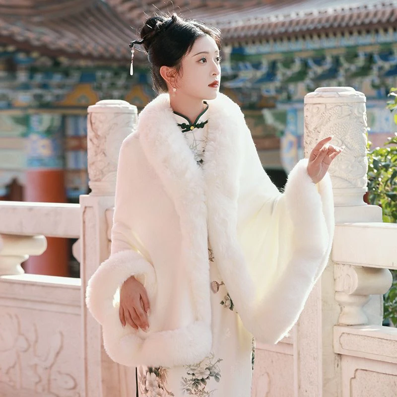 新款复古披肩旗袍秋冬外套连衣裙毛领保暖斗篷民国气质高端上衣