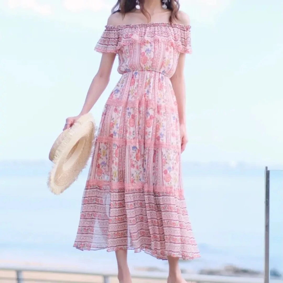 CCHUN希椿50422334夏季一字肩碎花桑蚕丝度假显瘦甜美气质连衣裙.