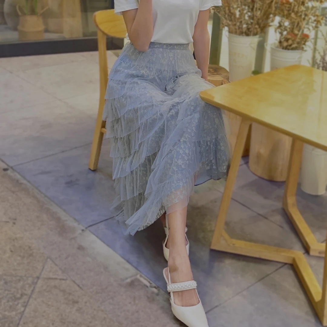 OU.时尚百搭中裙1112140472高腰蕾丝纱裙百褶半裙